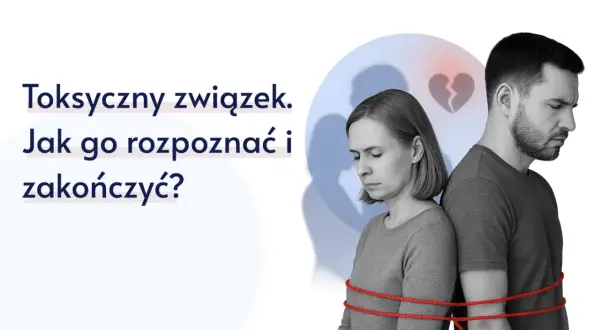 Para spięta czerwoną liną, symbolizującą toksyczną miłość. Złamane serce w tle.