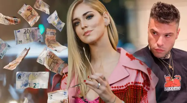 Chiara Ferragni i Fedez w otoczeniu lecących banknotów euro, symbolizujących największe skandale z udziałem zawodników podejrzanych o oszustwo.