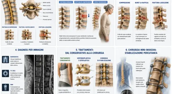Illustrazione mostra diversi tipi di fratture vertebrali, dall'osteoporosi al trauma, con diagnosi e trattamenti, inclusa la chirurgia mini-invasiva per stabilizzare le fratture.