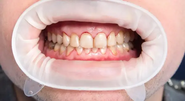 Usta z rozwierakiem dentystycznym, widoczne zęby z przebarwieniami i zaczerwienionymi dziąsłami, sugerujące próchnicę początkową.