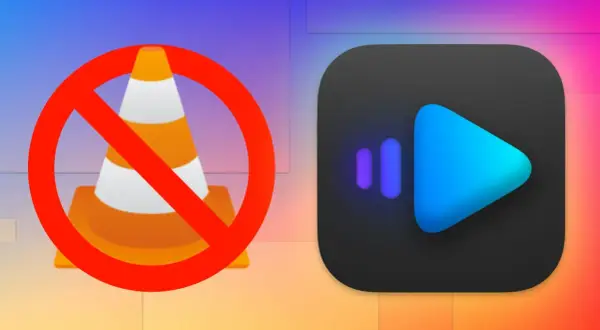IINA vs VLC: A red circle with a diagonal line crosses out a traffic cone, symbolizing VLC. To its right, the IINA media player logo is displayed.
