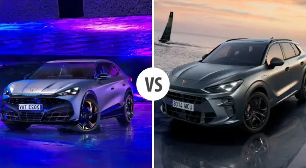 Dwa modele Cupra SUV: jeden w niebieskim świetle, drugi na tle morza z żaglówką.