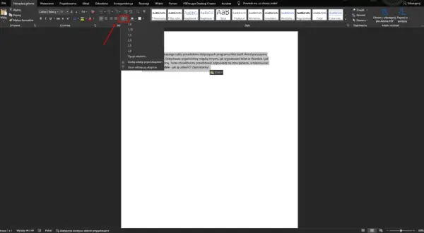 Ustawienie interlinii w Wordzie. Wybierz opcję interlinia z menu, by dostosować odstępy między wierszami tekstu.