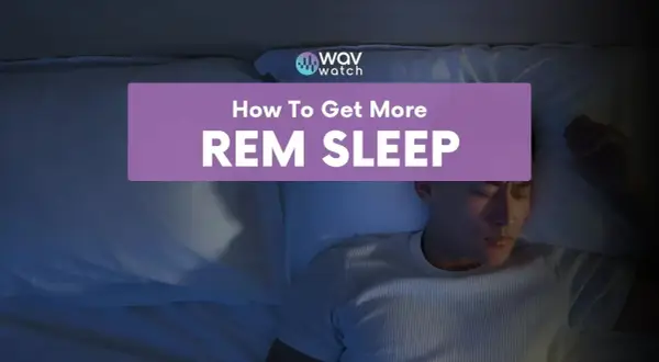 A man sleeps peacefully in bed, with text overlaying the image: "How To Get More REM SLEEP".