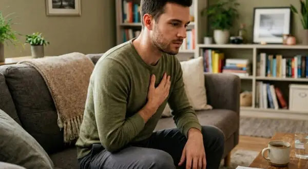 Mężczyzna siedzi na kanapie, trzymając się za klatkę piersiową, zaniepokojony objawami, które mogą wskazywać na hiperkaliemię.