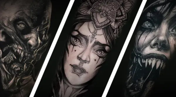 Drei detaillierte Blackwork Tattoos am Bein: ein gruseliges Monstergesicht, eine Frau mit Blumenkranz und ein weiteres furchteinflößendes Wesen.