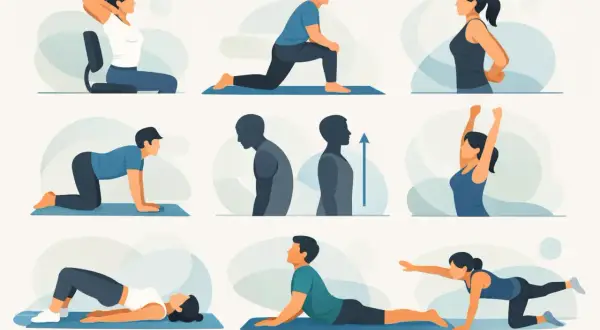 Illustrations montrant des exercices pour apprendre comment se tenir droit : étirements, posture, gainage.