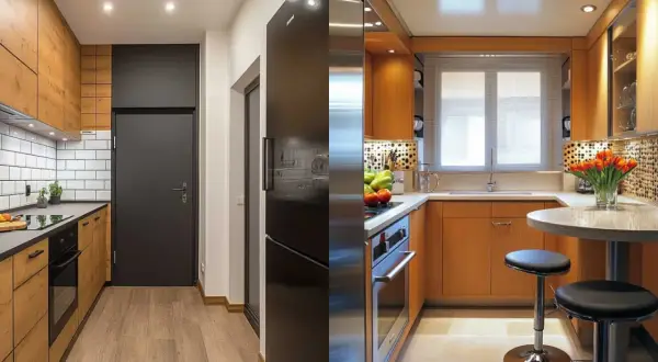 Cucina moderna con mobili in legno chiaro, piano di lavoro grigio e piastrelle bianche. Ottime idee cucina per spazi funzionali.