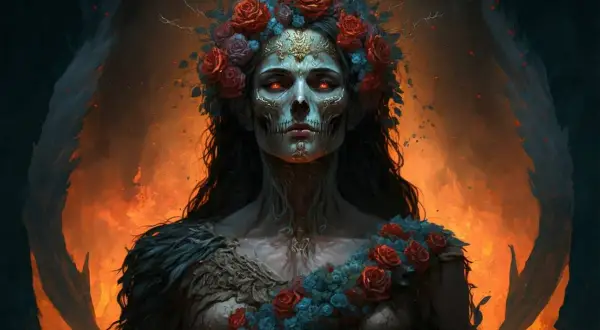 Visage de mort, couronné de roses, aux yeux ardents. L'image évoque la perséphone signification, reine des enfers et du renouveau.