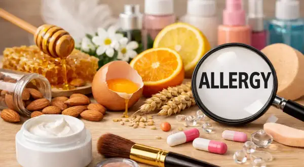 Składniki naturalne jak miód, migdały, jajko, owoce cytrusowe i zboża mogą wywoływać alergeny w kosmetykach. Lupa z napisem "ALLERGY" podkreśla ten problem.