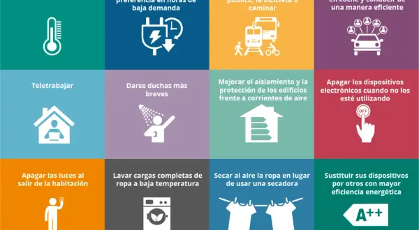 Iconos de actividades para hacer en casa: bajar termostato, teletrabajar, duchas cortas, apagar luces, usar transporte público, aislar casa, compartir coche, lavar ropa fría, secar al aire, apagar electrónicos, cambiar electrodomésticos.