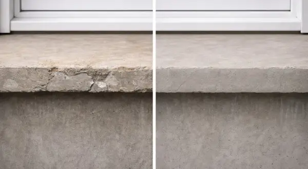 Antes y después de pintar alfeizar ventana. El lado izquierdo muestra el alfeizar deteriorado, el derecho, reparado y liso.