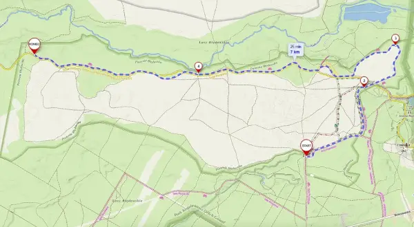 Mapa Pustyni Błędowskiej z zaznaczoną trasą rowerową Velo Przemsza. Start i meta oznaczone, punkty kontrolne 1-4.