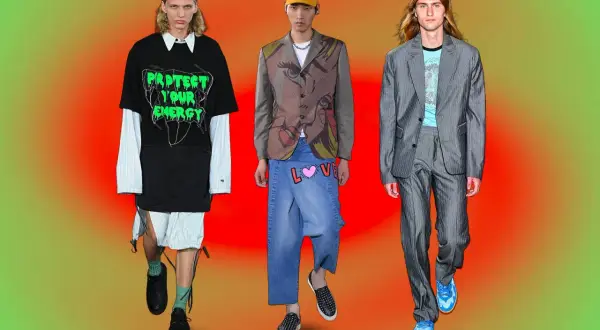 Modelli con look audaci: uno con camicia a righe e maglietta con scritta "PROTEST YOUR ENERGY", un altro con giacca e jeans con cuore "LOVE", e un terzo in completo gessato.