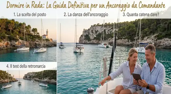 Coppia su barca studia la migliore posizione per l'ancoraggio in una baia con altre barche.
