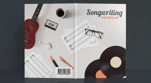 Ideas para cómo hacer una portada de cuaderno de composición musical: ukelele, café, casete, partituras, gafas, vinilos.