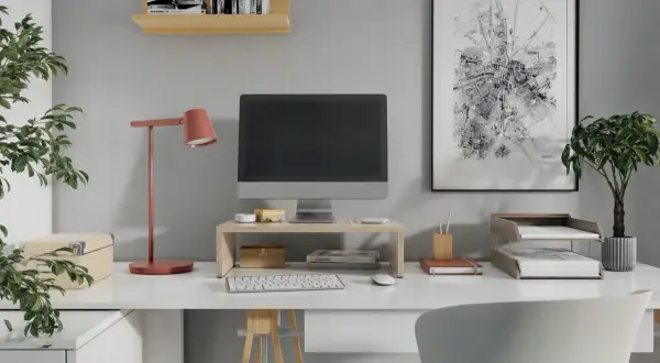 Drewniana nadstawka na biurko z monitorem, klawiaturą i myszką. Obok lampka, rośliny i ozdobne pudełko.