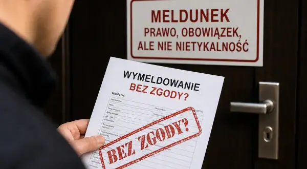 Formularz "Wymeldowanie bez zgody?". Nad nim tabliczka "Meldunek - prawo, obowiązek, ale nie nietykalność".