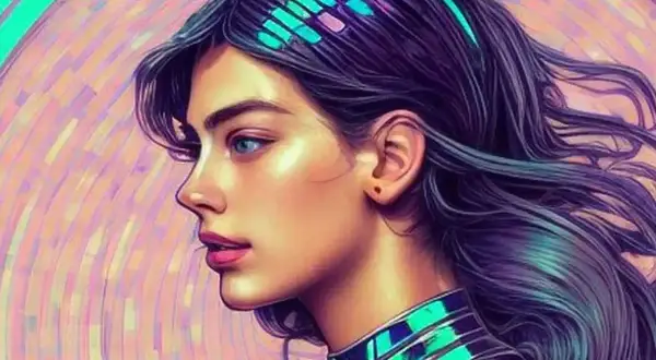 Portret kobiety z niebieskimi oczami i fioletowymi włosami, ozdobionymi neonowymi pasemkami. Jej szyję otacza futurystyczny kołnierz. Całość wygląda jak obraz widziany przez kolorową **lensa**.