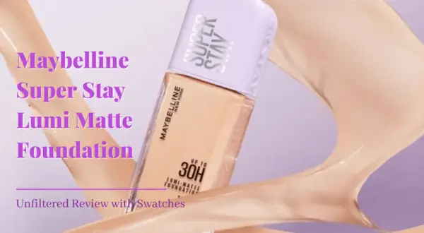 Maybelline Super Stay Lumi Matte Foundation w płynnej, beżowej konsystencji, prezentuje się w otoczeniu kremowych fal.