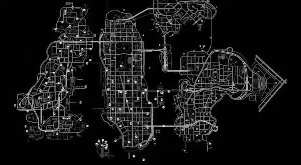 Mapa Liberty City z zaznaczonymi punktami, przydatna do znajdowania sekretów i wykonywania misji w grze GTA 4 na PS3.