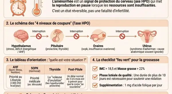 Schéma expliquant l'axe HPO et les causes de l'aménorrhée, essentiel pour la fertilité femme. Il détaille les niveaux de coupure et des conseils pour la grossesse.
