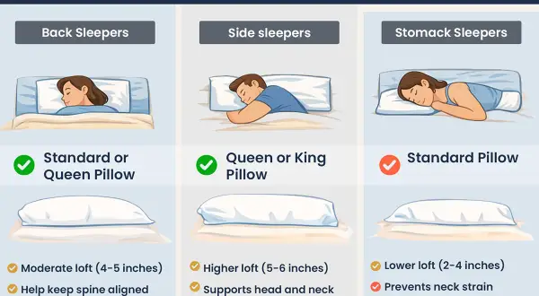 Guide to best pillow types for back, side, and stomach sleepers, detailing size and loft recommendations for optimal sleep.