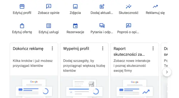 Panel zarządzania wizytówką Google. Możesz edytować profil, dodawać zdjęcia, aktualizacje, sprawdzać skuteczność i reklamować firmę.