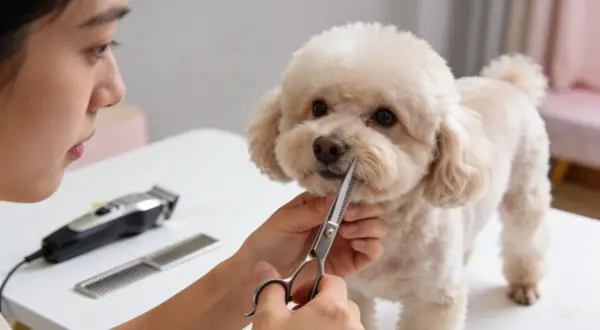 Un caniche recibe un corte de pelo. Una persona usa tijeras para arreglar su cara.