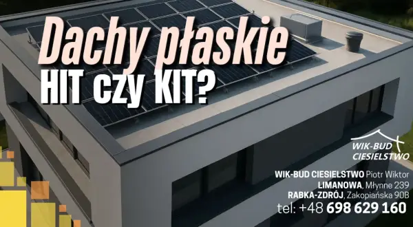 Nowoczesny budynek z panelami słonecznymi na płaskim dachu. Czy dachy płaskie to hit czy kit? WIK-BUD CIESIELSTWO.