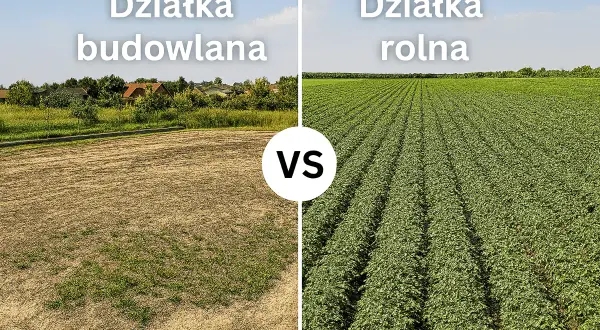 Działka budowlana z domami w tle kontra rozległa działka rolna z rzędami zielonych roślin.
