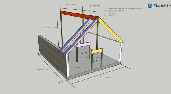 3D-modell av takkonstruktion med mått. Visar byggbeskrivningar dimensionering för ett plåttak med isolering och invändig beklädnad.