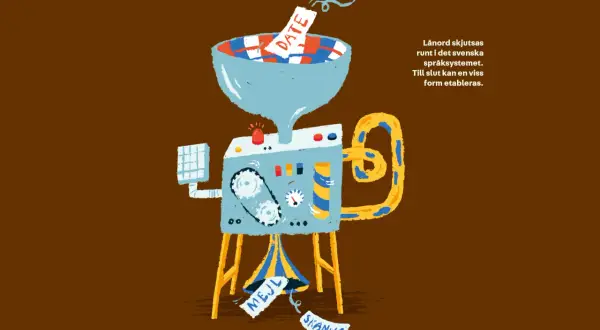 Illustration of a machine processing paper slips with "DATE", "MEJL", and "SKANNA" into a Swedish language system.