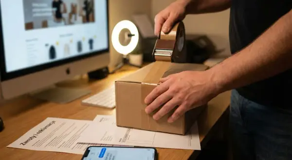 Praca nad działalnością nierejestrowaną limit. Pakowanie paczki, komputer z otwartym sklepem internetowym, telefon z wiadomością.