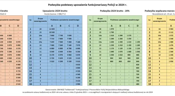 Tabela pokazuje, ile zarabia sierżant w policji w 2023 i 2024 roku, uwzględniając podwyżki.
