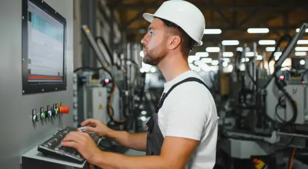 Operator maszyn CNC w białym kasku pracuje przy panelu sterowania, wprowadzając dane na klawiaturze.