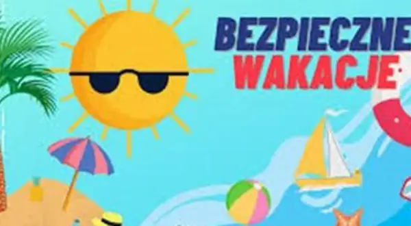 Słońce w okularach, palmy, plaża i koło ratunkowe przypominają o bezpiecznych wakacjach.