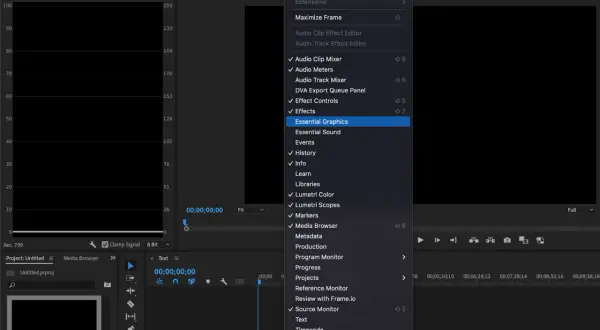 Premiere Pro window showing the "Window" menu open, with "Essential Graphics" highlighted, a key step for how to add text in Premiere Pro.