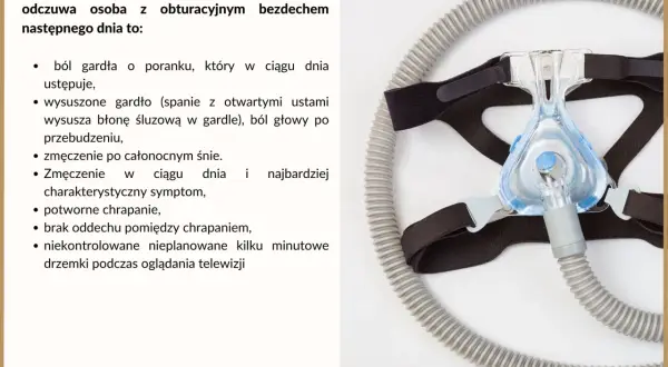 Maska CPAP i lista objawów: ból gardła, suchość w ustach, zmęczenie, chrapanie, bezdech senny.