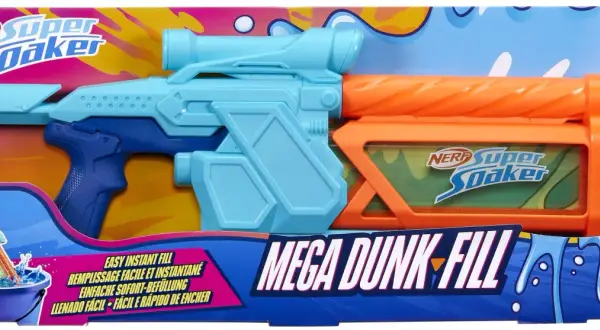 Duży Nerf Super Soaker Mega Dunk-Fill w jaskrawych kolorach, gotowy do wodnych bitew.