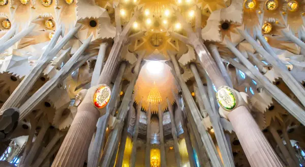 Wnętrze Sagrada Familia zachwyca organicznymi kolumnami przypominającymi drzewa i witrażami.