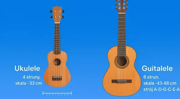 Ukulele i Guitalele, dwie małe gitary. Jedna ma 4 struny, druga 6.
