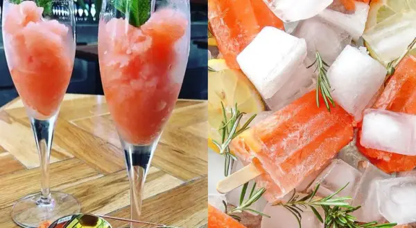 Erfrischendes Aperol Eis in Gläsern und als Eis am Stiel, umgeben von Eiswürfeln, Zitrone und Rosmarin. Perfekt für heiße Tage.