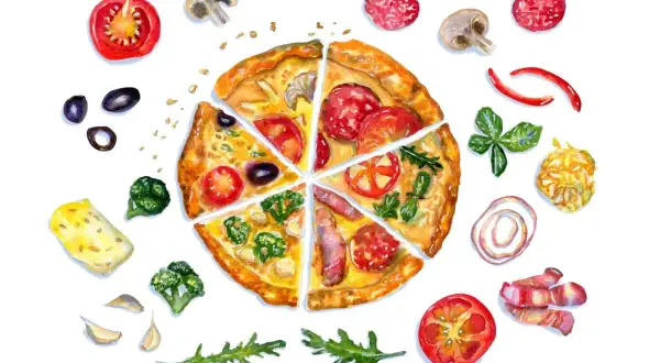 Wesołego międzynarodowego dnia pizzy! Kolorowe składniki: pomidory, oliwki, brokuły, ser, salami, grzyby, cebula, czosnek, bazylia i rukola, otaczają pyszny kawałek pizzy.