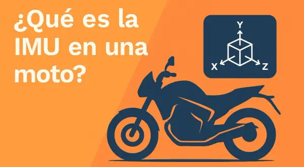Silueta de una moto con un diagrama de ejes X, Y, Z. La pregunta "¿Qué es la IMU en una moto?" se muestra en texto blanco.