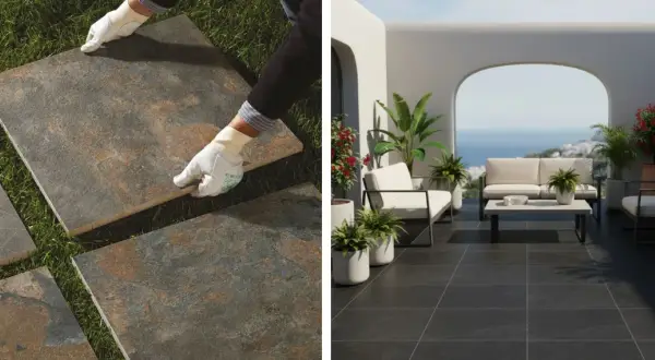 Pose de dalles grès cérame pleine masse sur une pelouse et sur une terrasse moderne avec vue mer.