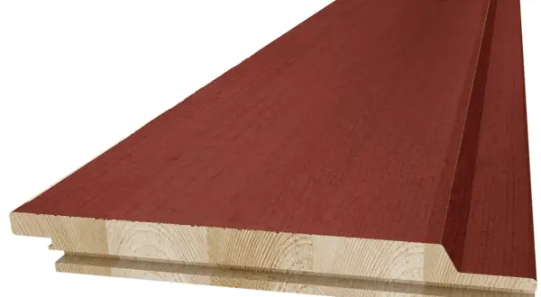 Röd panel med synlig limma faner-konstruktion.