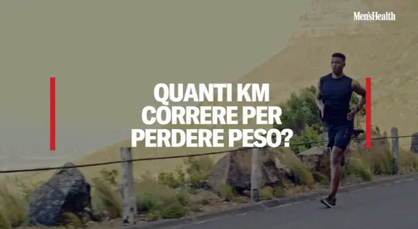 Un uomo corre su una strada in salita, con la scritta "Quanti km correre per perdere peso?".