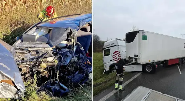 Wypadek na Pomorzu: strażak bada zniszczony samochód, obok ciężarówka z naczepą na poboczu.