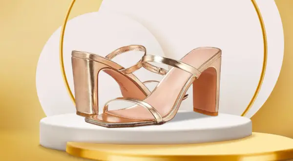 Eleganti scarpe donna oro con tacco largo, perfette per un look glamour.